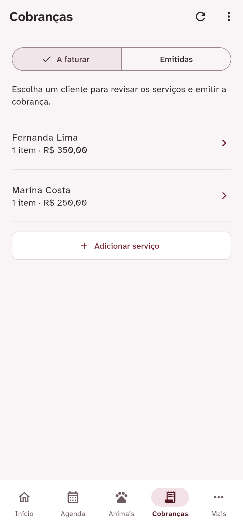 Tela Cobranças da IntegrativeVet com os itens a faturar e as faturas emitidas